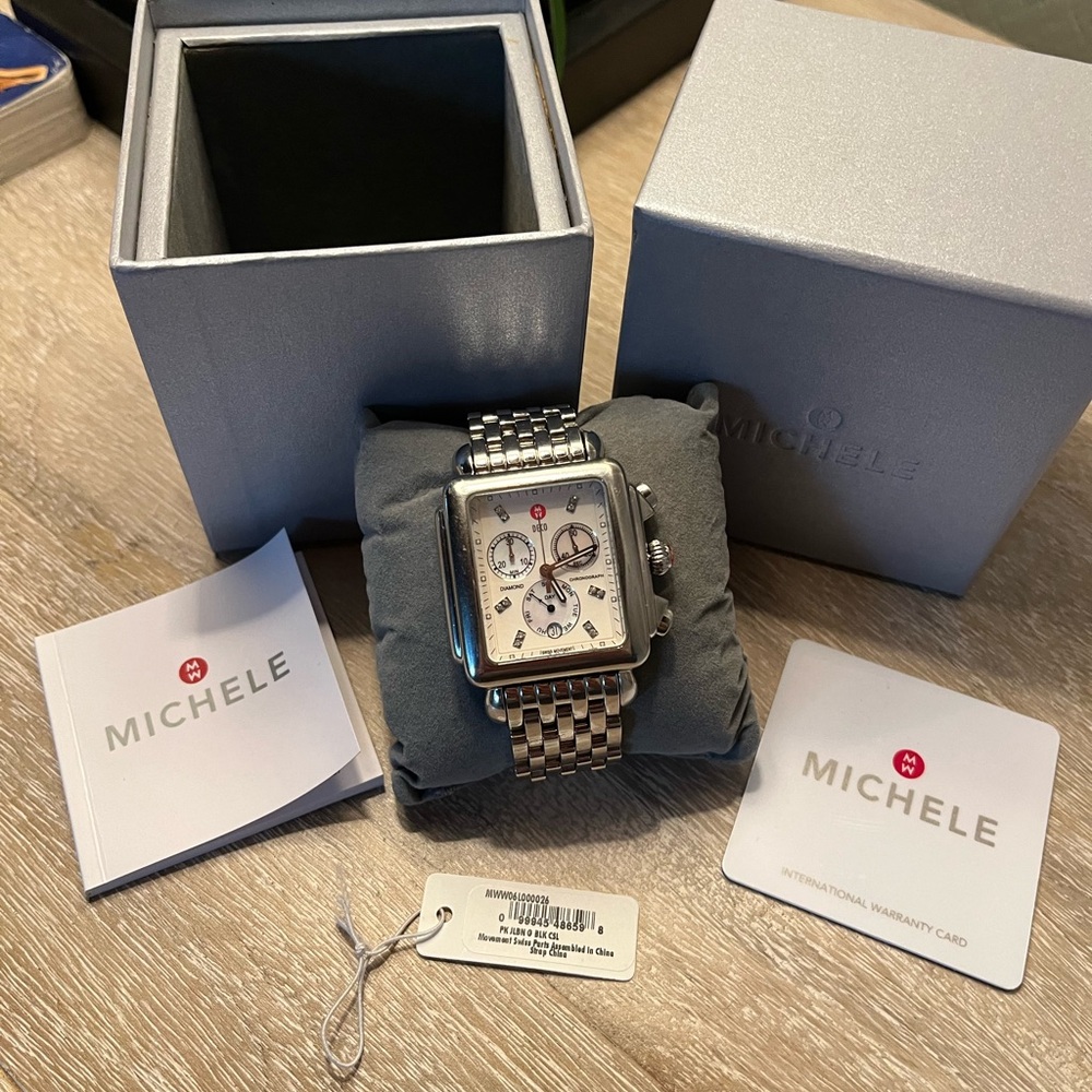 Michele Stainless Steel Watch with 12 Diamonds and Mother of Pearl